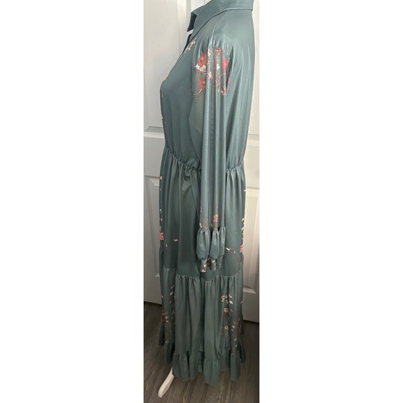 Vintage Floral Maxi Dress Long Sleeve Collared Button Up Teal Green Tier Ruffle - Picture 8 of 10